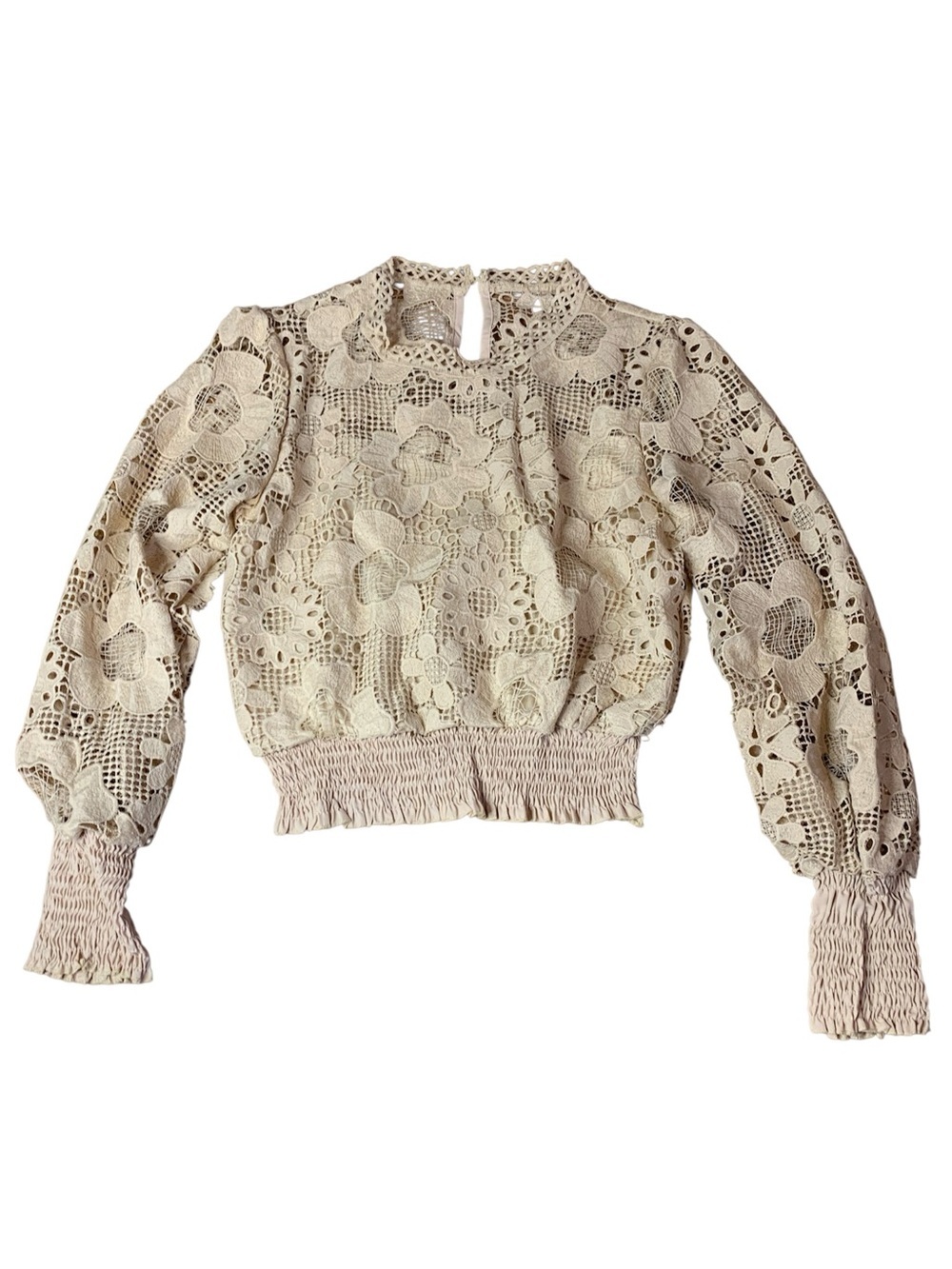 Vintage Style Cream Lace Long Sleeve Blouse Women's Size Large Floral Pattern